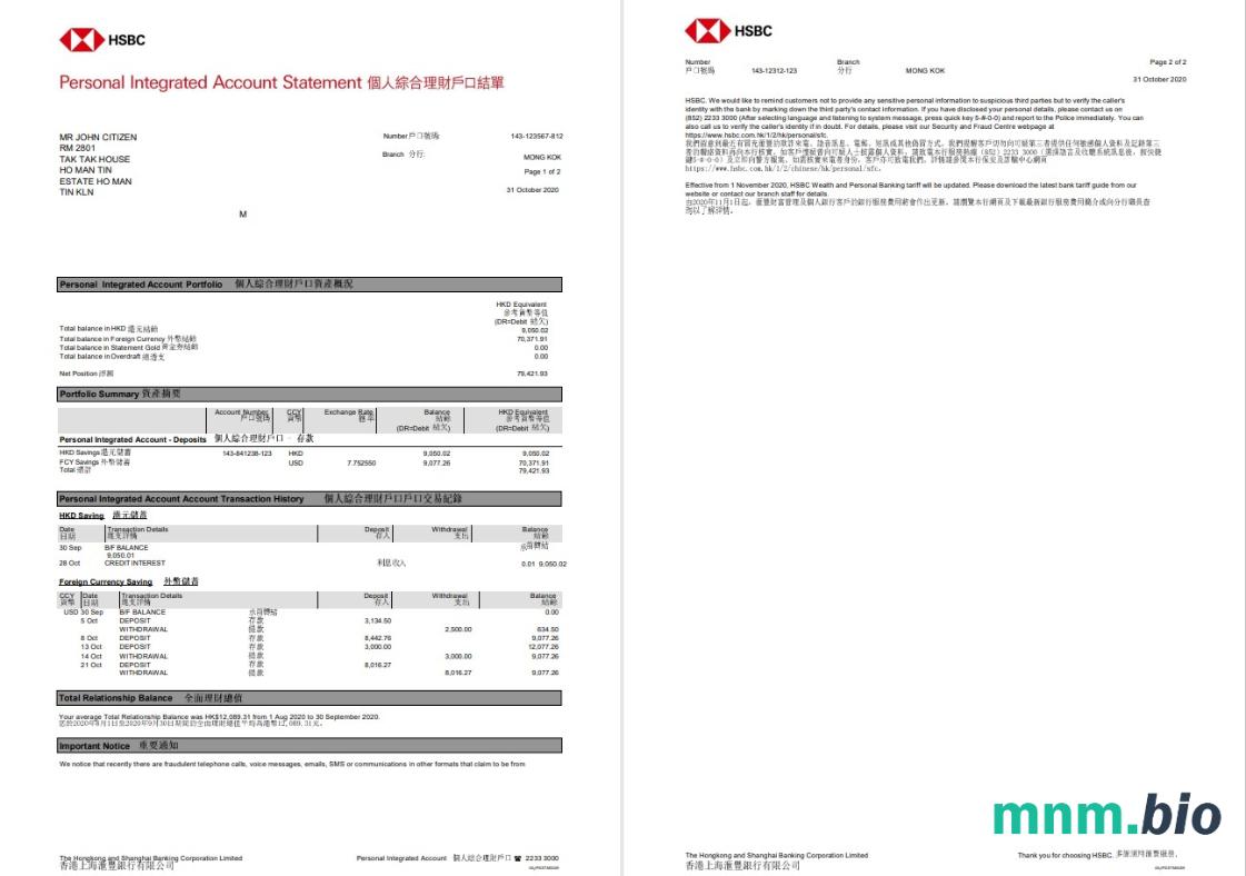 Hong Kong HSBC Hongkong i Shanghai Banking Corporation Personal Integrated Account Statement template in Excel and PDF format (2 strony)